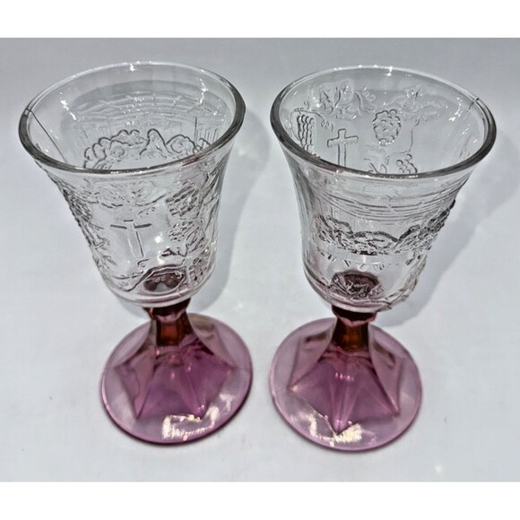 2 Vintage Tiara Indiana Glass Pink/Plum Fade Last Supper Wine Chalice Goblets 7” - Picture 2 of 16